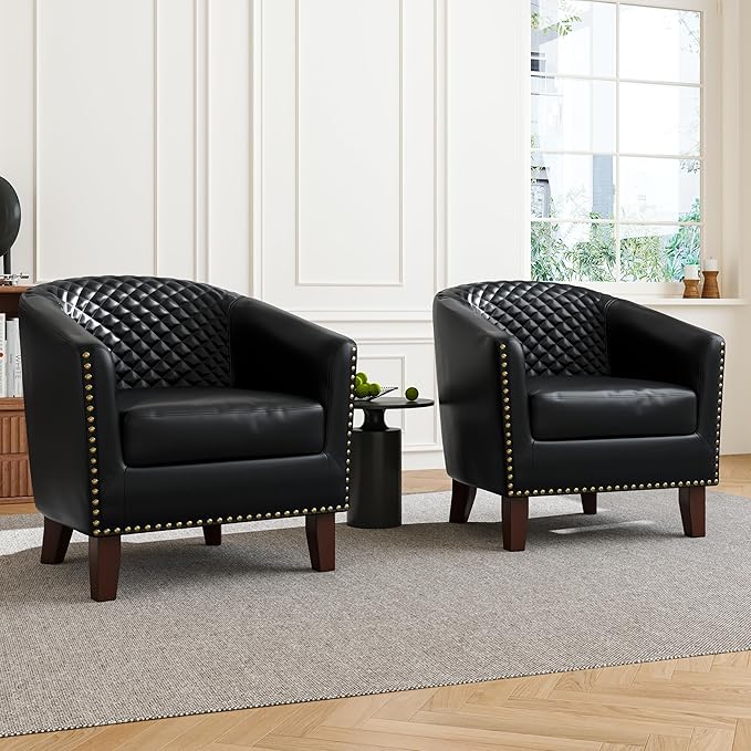 DREAMSIDEA Accent Barrel Chair, Upholstered Faux Leather Club Chair with Nailed Trim, Comfy Reading Armchair for Living Room Bedroom Reception Room Office (Black, Set of 1)