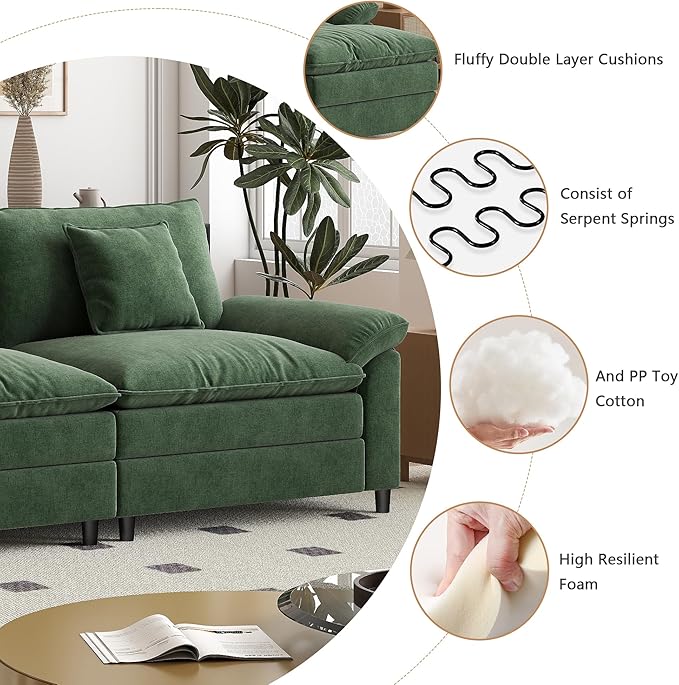 Aoowow Modular Sectional Sofa Modern Convertible Loveseat Couch,84 Inch Deep 2-Seater Sofas Comfy Chenille Cloud Sofas and Couches for Living Room Apartment(Green)