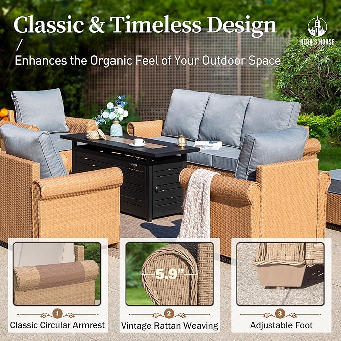 HERA'S HOUSE 6-Piece Patio Furniture Set, All Weather 7 Seats Outdoor Wicker Sofa with 44" Coffee Table, 5.5" Thick Waterproof Cushion Conversation Couch Set for Garden Deck Backyard, Grey