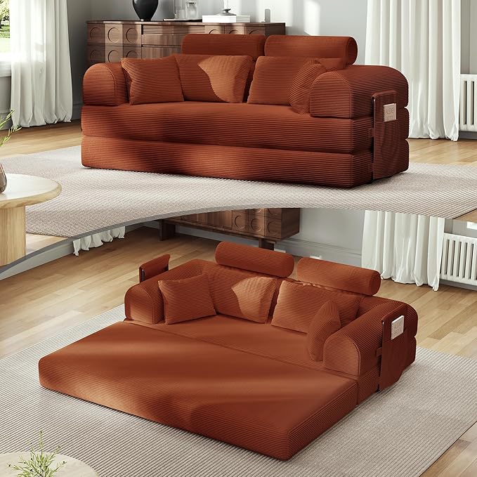 ZQRhome 79" 5-in-1 Convertible Sofa Bed, Modern Sleeper with Heavy Duty Frame, Plush Corduroy & 2 Pillows, No Assembly Couch for Entertainment & Lounge, Orange