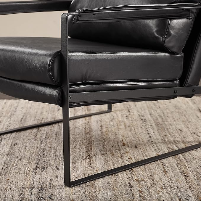Volans Mid Century Modern Accent Chair with Arms for Living Room, Faux Leather Accent Chairs for Lounge, Metal Frame Armchair Reading Chair Single Sofa for Bedroom Office, Black
