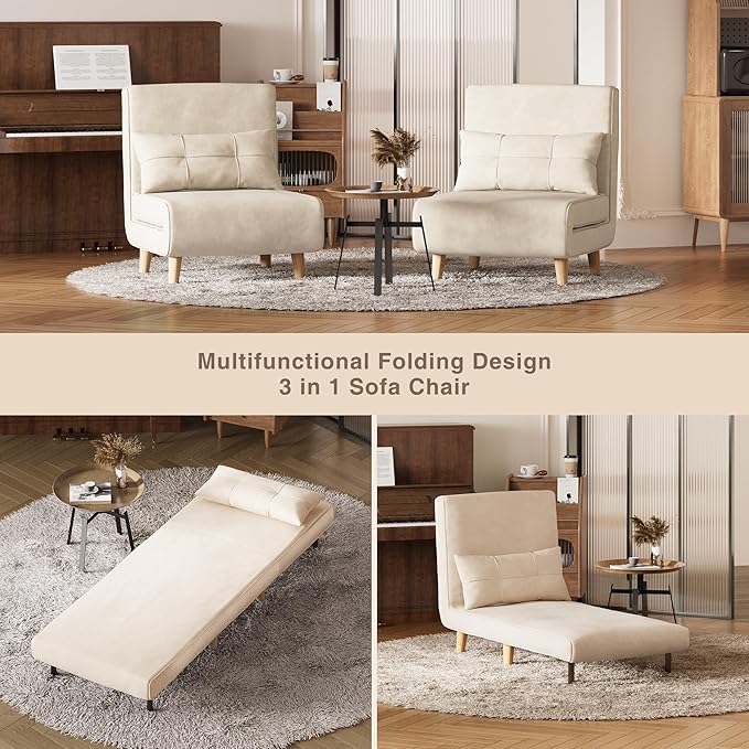Aiho Futon Sofa Bed, 3-in-1 Convertible Sleeper Chair Bed, Futon Chair with 6-Level Adjustable Backrest and Pillow for Guest Room Apartment Dorm, Velvet Beige