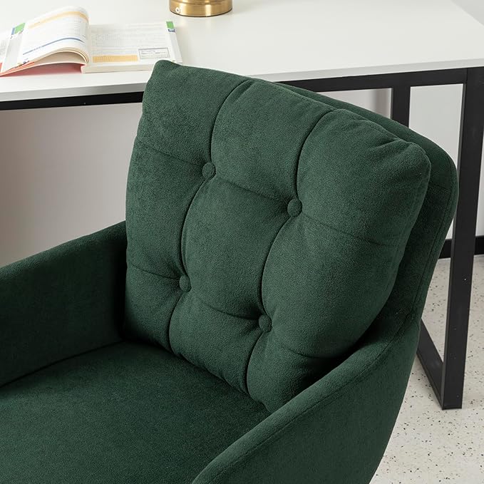 BALIAA Flannel Office Chair, Comfy Home Office Desk Chairs with Lumbar Support, Modern Velvet Desk Chair Gold Legs Small Swivel Task Chair for Home Office, Bedroom, Study (Green, L)