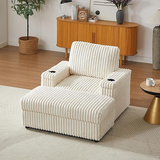 Eafurn 42.5" Oversized Accent Chair with Storage Ottoman Convertible Chaise Lounge, Corduroy Cloud Sofa Chair w/Cupholders, Modern Extra Wide Armchair