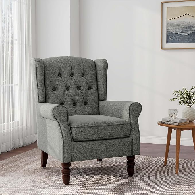 DREAMSIDEA Accent Chair, Upholstered Armchair with Button Tufted High Back & Solid Wood Legs, Comfy Wingback Reading Single Sofa Chair for Small Spaces, Living Room, Bedroom (Grey, Set of 2)
