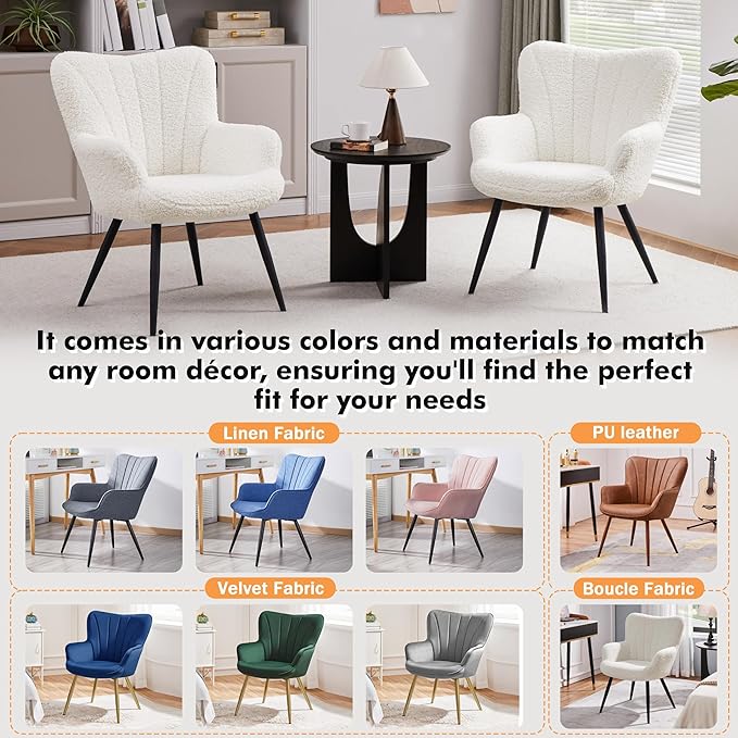Yaheetech Boucle Accent Chair, Modern Fuzzy Sherpa Armchair, Fuzzy Sherpa Armchair, Upholstered Vanity Chair with High Back and Mental Legs for Living Room Makeup Bedroom, Ivory