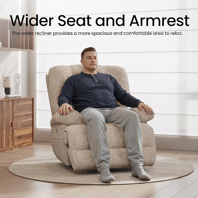 COLAMY Floren Power Swivel Recliner Chair with USB & Type-c Charge,Oversized and Padded Upholstered Deep Seat and Armrest，Rocking Recliner with Double Storage Pockets,Coffee