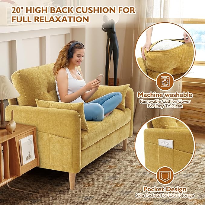 47" Small Sofa Couch for Bedroom, Soft Chenille loveseat Mini Couch with Throw Pillow and Removable Cushion Cover for Small Spaces, Living Room, Apartment, Dorm, Office(Yellow)