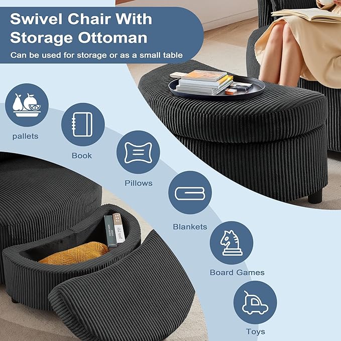 Chorlenimi Swivel Accent Chair Round Barrel Armchair Upholstered Living Room Chair Corduroy Reading Chair Single Sofa Chair for Bedroom Apartment Office (Black, Standard 1Seater+ Ottoman)