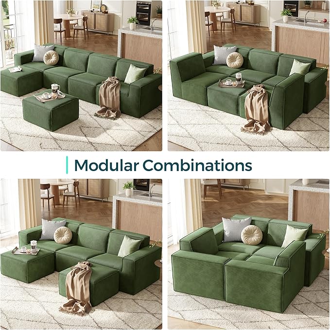 LINSY HOME Modular Sectional Sofa, 105" Boneless Couch U Shaped 3-Seat Sofa with 2 Ottomans, Corduroy Sectional Cloud Couches for Living Room, No Assembly Required, Green