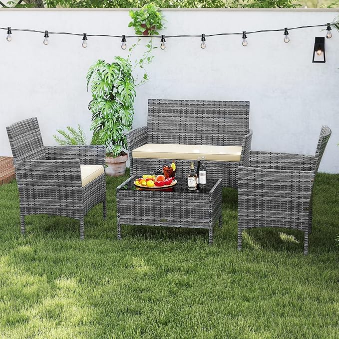RELAX4LIFE 8-Piece Patio Furniture Set - Rattan Outdoor Conversation Bistro Set w/Cushions, Glass Coffee Table, Wicker Chairs & Loveseat for Pool Garden Backyard Porch Balcony (2, Mix Grey-Beige)