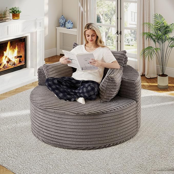 50"W Oversized Round Chaise Lounge Chair Indoor, Upholstered Corduroy Deep Seat Cloud Circle Sofa Chair, Modern Fluffy Comfy Floor Reading Armchair for Living Room, Bedroom, No Assembly Required, Grey