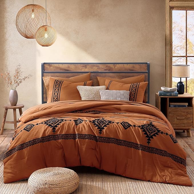 MaiRêve Embroidery Comforter Set, Boho Farmhouse Western Bedding Set, All Season Bed in A Bag Comforter Set with Sheets, Pillowcases & Shams, Burnt Orange King 7 Pieces