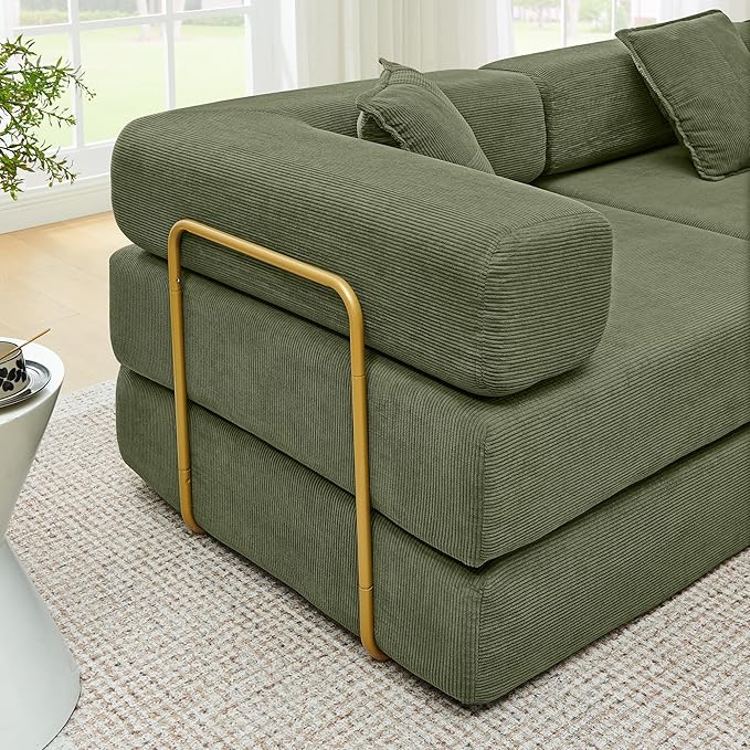 108" Convertible Sleeper Sofa Bed, Corduroy Folding Sofa Bed with Fixed-Shape Frame, Fold Out Floor Mattress Couch, Lazy Compression Sofas for Living Room, Bedroom, No Assembly Required,Green