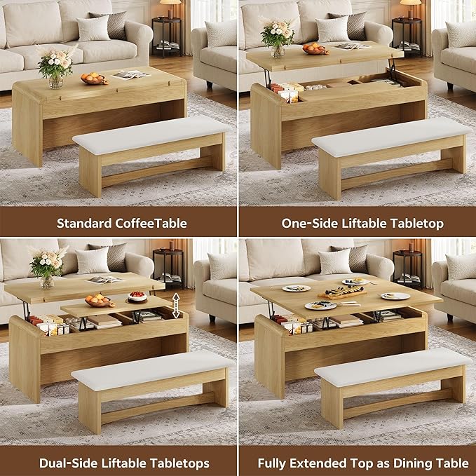 Coffee Table Lift Top, 40'' Multi-Function Coffee Table Set with Bench & Hidden Compartment, Center Table w/Curved Corner, Converts to Home Office Table, Dining Table for Living Room, Natural
