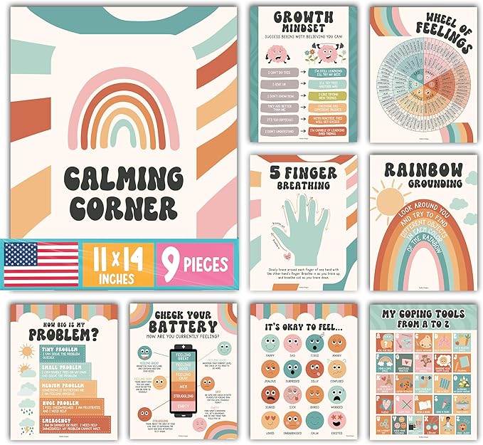Hadley Designs 9 Calming Corner Posters For Classroom Must Haves For Teachers -11x14 Calm Down Corner Supplies, Feelings Chart For Kids Ages 4-8, Feelings Wheel Poster, Retro Classroom Decor