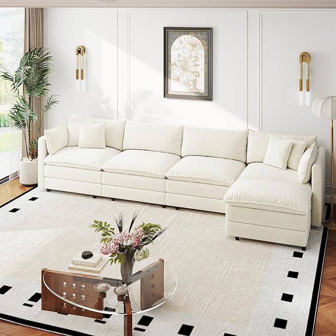 Aoowow Modular Sectional Sofa Modern Convertible L Shaped Couch,147.2 Inch Deep 4-Seater Sofas Set Comfy Chenille Cloud Sofas and Couches with Movable Ottoman for Living Room Apartment（Beige）