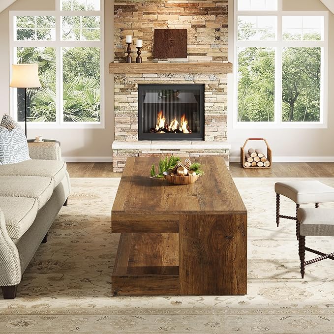 Tribesigns Coffee Table for Living Room, 47.24 Inch Farmhouse 2-Tier Accent Center Tea Cocktail Table with Storage, Brown, Rectangle