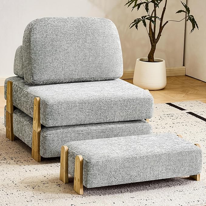 Folding Sofa Bed with Ottoman, 2-in-1 Fold Out Single Sleeper Chair with Wooden Frame, Headrest & Lumbar Pillow, Chenille Boneless Memory-Foam Filled Floor Couch Seating for Living Room Reading, Grey