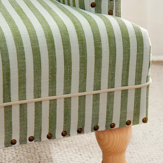 HUIMO Linen Fabric Accent Chair, Mid-Century Modern Armchair with Solid Wood Legs, Single Sofa Chair,Upholstered Reading Club Chair (2, Green and White Stripe)