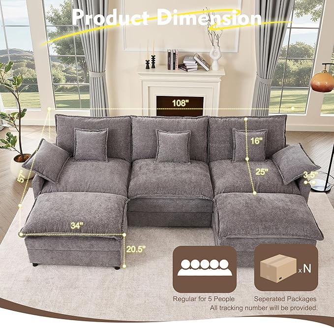GOSUHI 108" U Shaped Couch, Modular Sectional Sofa, 3-Seater Comfy Cloud Couch with Movable Ottoman, Deep Seat Couches for Living Room, Chenille, Slate
