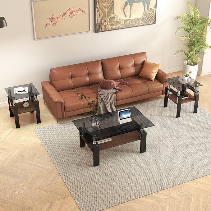 Set of 2 Modern Square Tea Tables, Tempered Glass Coffee and End Tables with MDF Layer for Living Room, Gray/Black