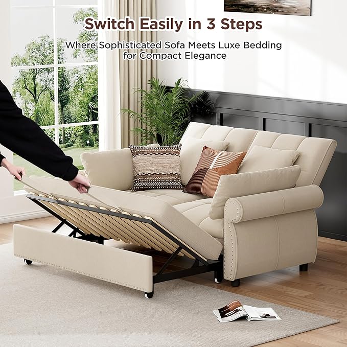 3 in 1 Sofa Bed, 61 Inch Convertible Pull out Couch with Four Pillows, Loveseat Sleeper Sofa with Adjustable Backrest, Sofa Couches for Living Room, Bedroom, Apartment, Chenille Fabric, Beige