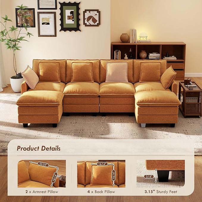 Ihanherry U Shaped Modular Sectional Cloud Sofa, 106" Modern 6 Seat Chenille Couch with Ottoman for Living Room, Bedroom and Apartment, Orange