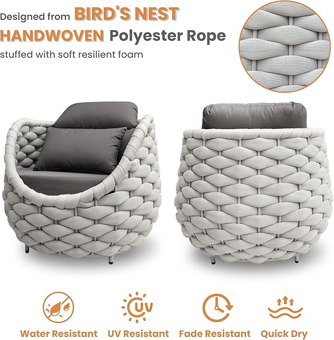 Erotr Front Porch Furniture 5 Piece Set: Aluminum Woven Rope Patio Conversation Sofa Set - Assembled Accent Chair Modern - Cushioned Armchair Couch Set for 400 lbs Deck Backyard Poolside Garden Hotel
