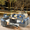 ovios 10 Piece Outdoor Patio Furniture Set with Fire Pit Table,Conversation Sectional Wicker Couch with Swivel Chairs,Modern Outside Sofa for Balcony Backyard, Blue
