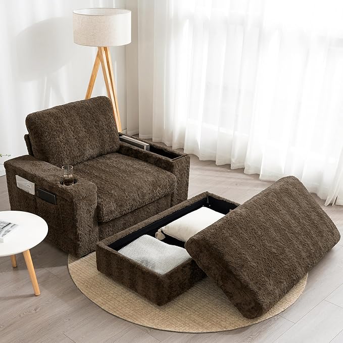 Indoor Chaise Lounge with Storage Ottoman, Armrests, and Cup Holders, Oversized Sleeper Chair for Living Room and Bedroom, 4 Colors