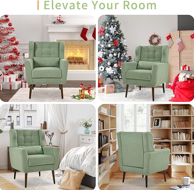 QKFF Modern Accent Chair, Upholstered Armchair with Pillow, Teddy Single Sofa Chair with Lounge Seat and Wood Legs Accent Chair for Living Room Bedroom Small Spaces