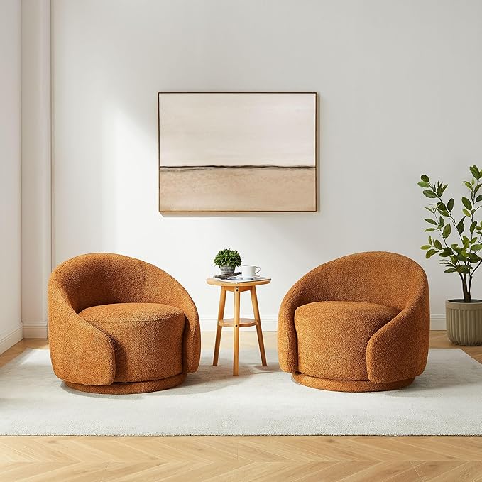 VANOMi Swivel Barrel Chair, Upholstered Modern Round Accent Arm Chairs, 360° Swivel Single Sofa Armchair for Living Room and Bedroom, Curry Boucle