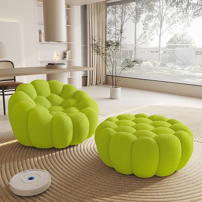 WJShome Modular Sectional Sofa,Bubble Couch Set,1 Seater+ Ottoman,Modern Upholstered Bean Bag Sofa Couch Mesh Fabric Lazy Floor Chair Living Roon Sets (Lemon Green)