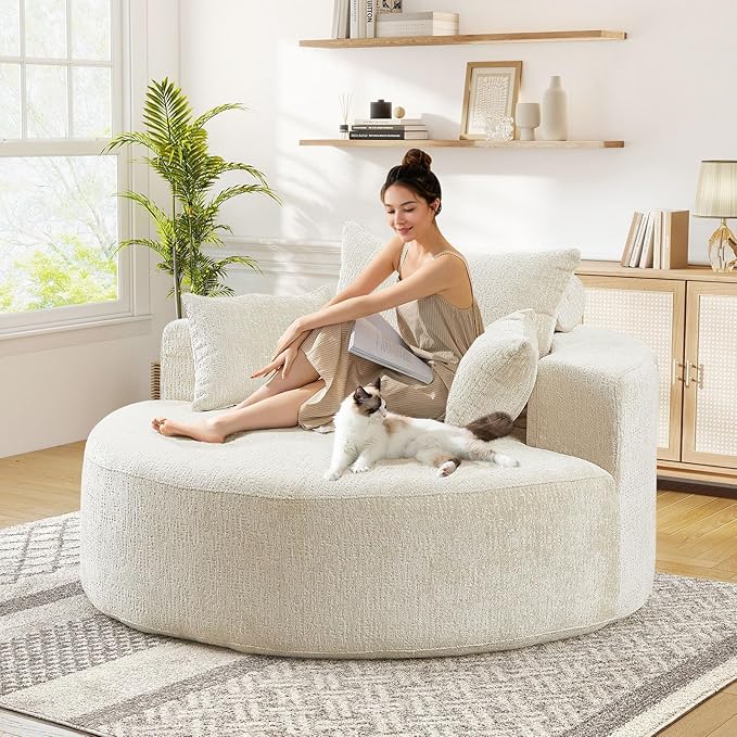 JEEOHEY Modern Round Accent Sofa Chair for Living Room, Upholstered Chenille Barrel Lounge Arm Chair with Large seat&Throw Pillows for Bedroom, Office, Apartment, Beige