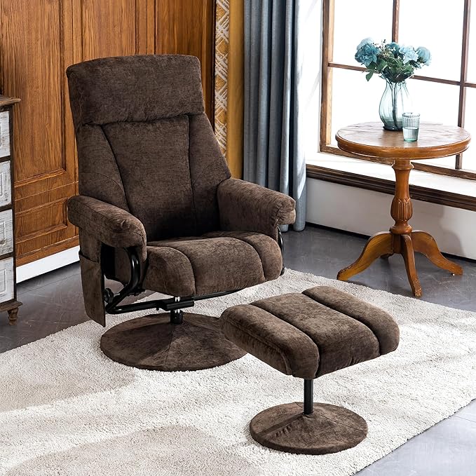 MCombo Swivel Recliner with Ottoman, TV Chair with Vibration Massage, Ideal for RV Small Space, Living Room & Bedroom 4828 (Textile, Dark Brown)