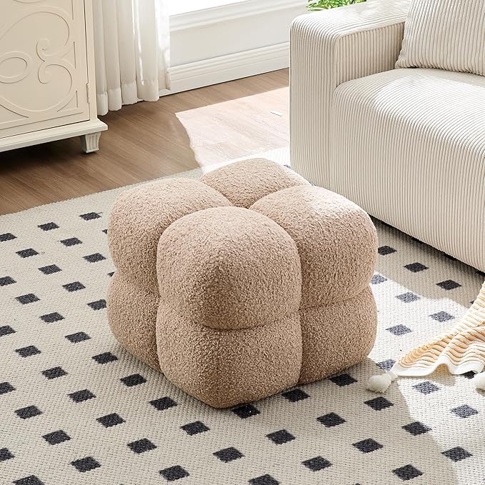 Zesthouse Square Pouf Ottoman, Modern Ottoman Coffee Table for Living Room, Fuzzy Sherpa Stool Foot Rest, Upholstered Tufted Stool for Couch, Tan