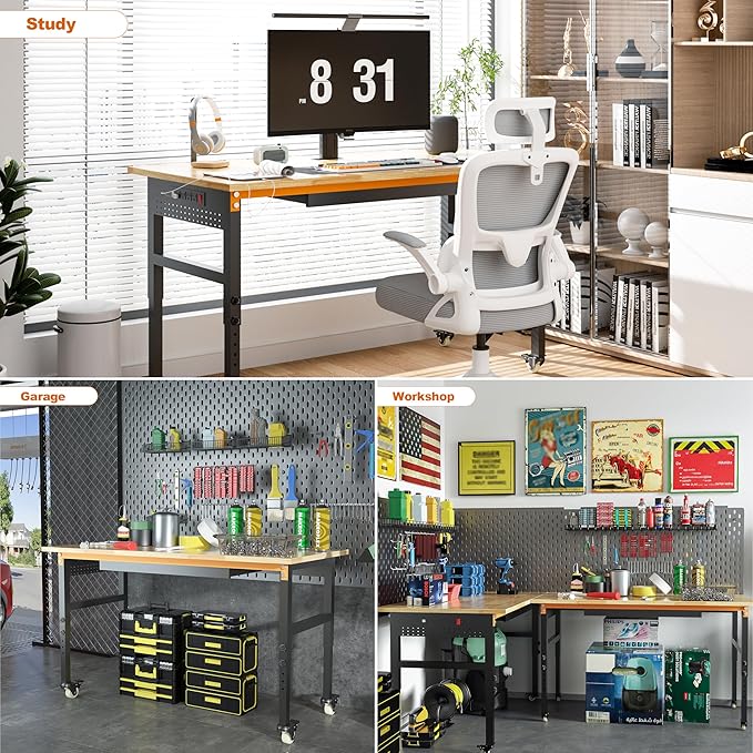 Betterhood 60" Adjustable Workbench on Wheels, 2000 LBS Heavy Duty Work Table with Power Outlets & Pegboard, Rubber Wood Workstation for Garage, Workshop, Office, Home, Commercial