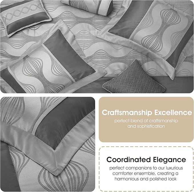 Grand Avenue 7 Piece Grey Comforter Set, Queen Size Jacquard Bedding Set, All Season Geometric Patchwork Bedding Set, Matching Pillows, Shams, Bed Skirt