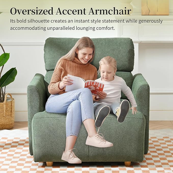QKFF Modern Oversized Accent Chair with Storage Ottoman & Side Pillows, Snowflake Fleece Upholstered Chaise Lounge Chair, Deep Seat Reading Chair for Living Room, 350lbs Capacity