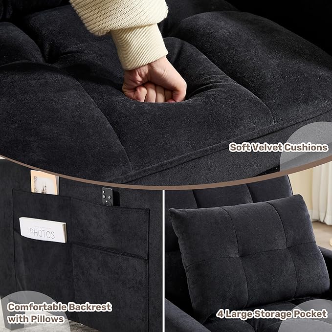 Choairy Modern Black Velvet 3 in 1 Sleeper Chair Bed Pull Out Sofa Bed Chair, Adjustable Backrest, 3 Reclining Positions, Adult Size, Indoor Use
