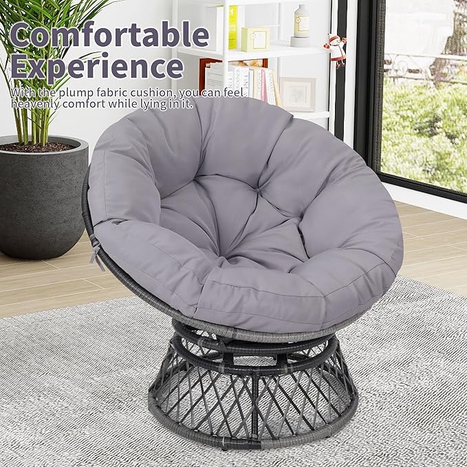 Kromax 40" Ergonomic Wicker Papasan Chair, 360° Swivel Round Egg Chair with Soft Thick Cushion, Indoor Outdoor Use for Living Room, Bedroom, Reading Room, Grey Frame with Light Grey Cushion