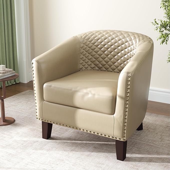 DREAMSIDEA Accent Barrel Chair, Upholstered Faux Leather Club Chair with Nailed Trim, Comfy Reading Armchair for Living Room Bedroom Reception Room Office (Beige, Set of 2)