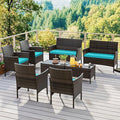 KOTEK 8 Piece Patio Furniture Set, Outdoor Rattan Conversation Set with Loveseat, Wicker Chairs, Tempered Glass Coffee Table, Wicker Patio Set for Backyard, Porch (Turquoise)