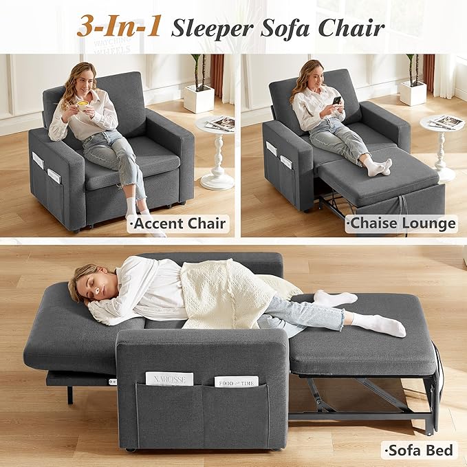 WEUP 42.5" Sleeper Sofa Chair Bed, 3-in-1 Convertible Sleeper Chair with Pull Out Bed, Adjustable Reclining Backrest, Side Pockets, Basic Dark Grey
