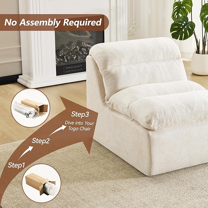 WUTUTUEE Boneless Chair, Double-Layer Armless Floor Sofa with High Density Memory Foam, No Assembly Togo Sofa, Chenille Bean Bag Chairs for Living Room, Bedroom, Comfy Cloud Chair (Beige)