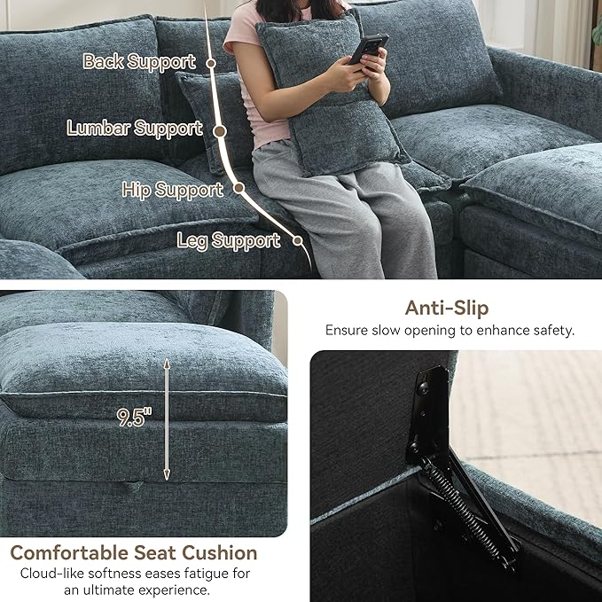 Abbrevi 27" Large Square Ottoman with Storage, Modern Upholstered Footrest with Anti-Slip Legs for Couch Coffee Table Living Room, Bedroom, Entryway, Chenille Blue
