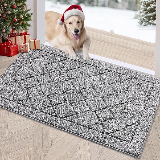 REFETONE Indoor Doormat, Front Back Door Mat 20"x32" Rubber Backing Non Slip Mats, Absorbent Washable Entrance Doormat for Entryway, Resist Dirt Low-Profile Inside Floor Mat for Muddy Shoes Light Grey