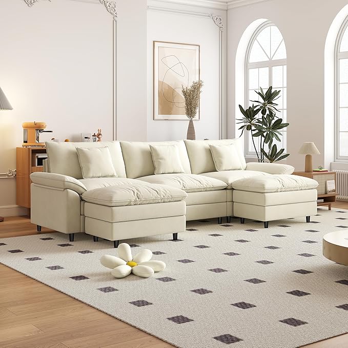 Aoowow Modular Sectional Sofa Modern Convertible U Shaped Couch,118.9 Inch Deep 3-Seater Sofas Set Comfy Chenille Cloud Sofas and Couches with Movable Ottoman for Living Room Apartment(Beige)