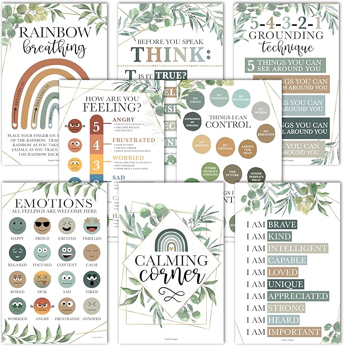 Hadley Designs 8 Calming Corner Posters for Classroom Must Haves for Teachers - 11x17 Calm Down Corner Supplies, Feelings Chart for Kids Ages 4-8, Toddler Emotions Chart, Greenery Classroom Decor
